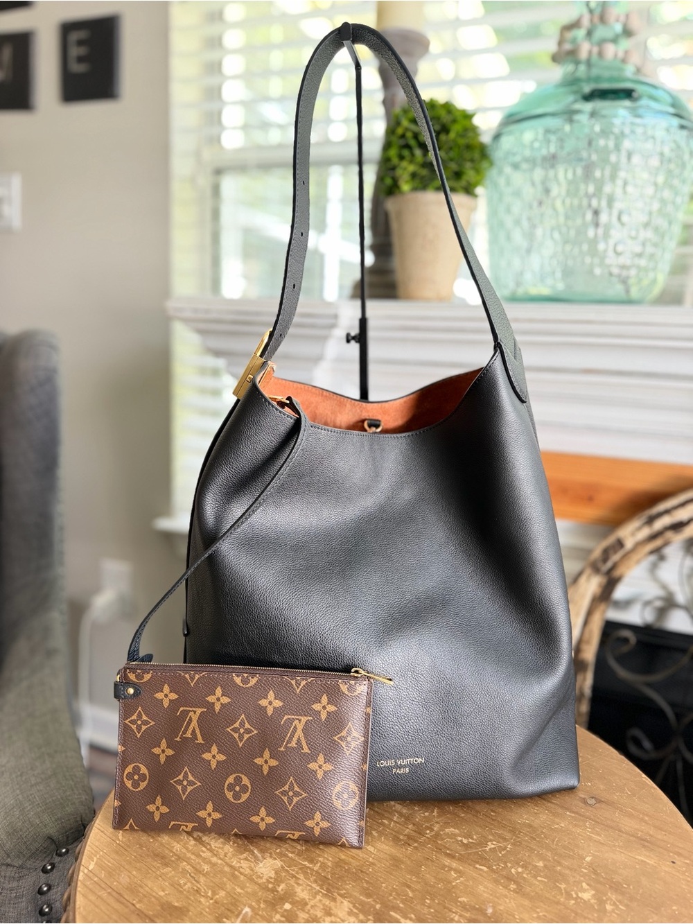 Louis Vuitton Low Key Hobo MM Black Shoulder Bag with Brown Monogram Pouch